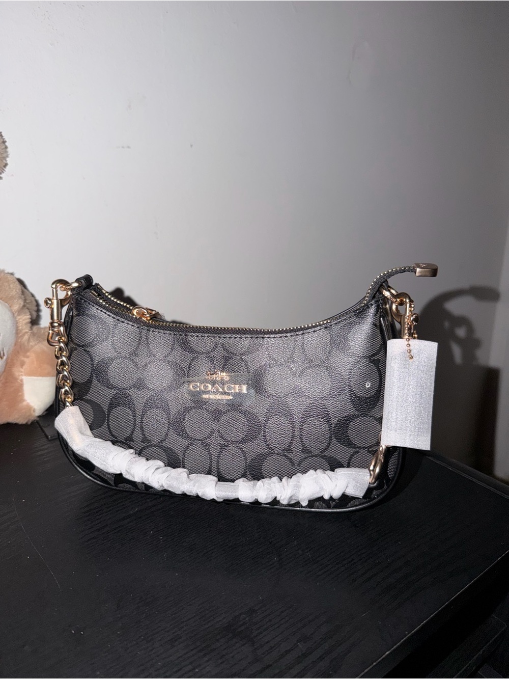 Coach Black Signature Jacquard Mini Shoulder Bag with Gold Hardware